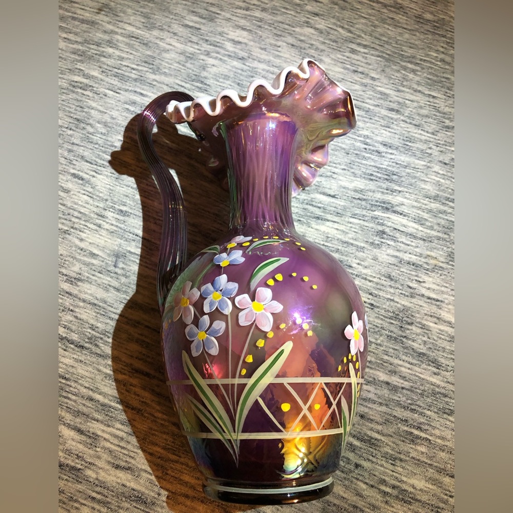 Fenton Glass Pitcher Iridescent Plum 1997 Hand Painted Signed BEAUTIFUL 90 Years